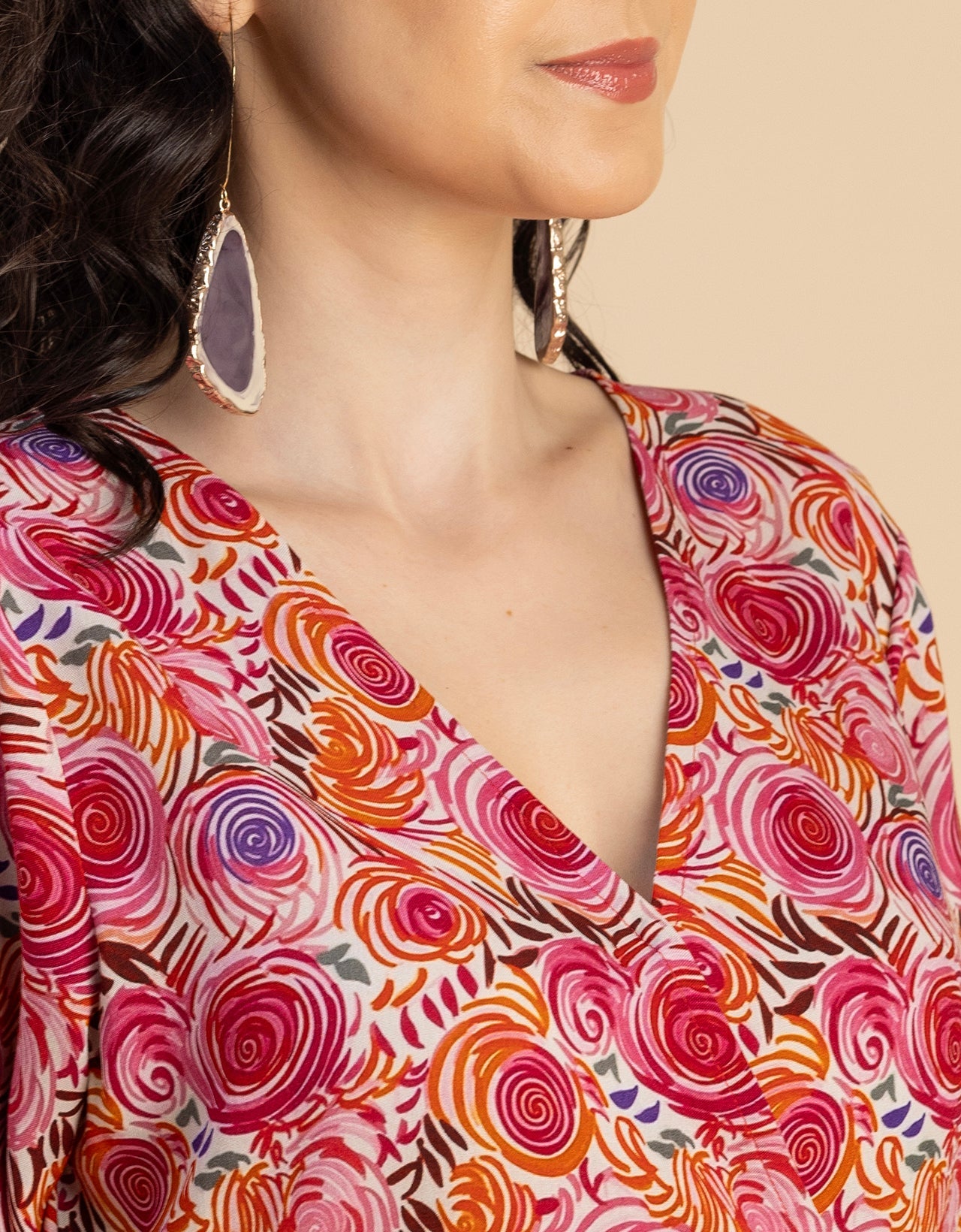 V Neck Printed Rayon quarter sleeve Wrap Dress