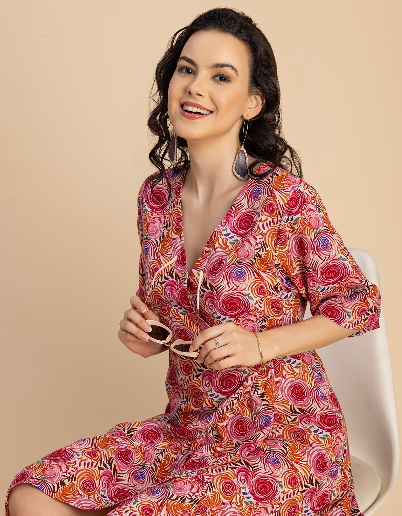 V Neck Printed Rayon quarter sleeve Wrap Dress