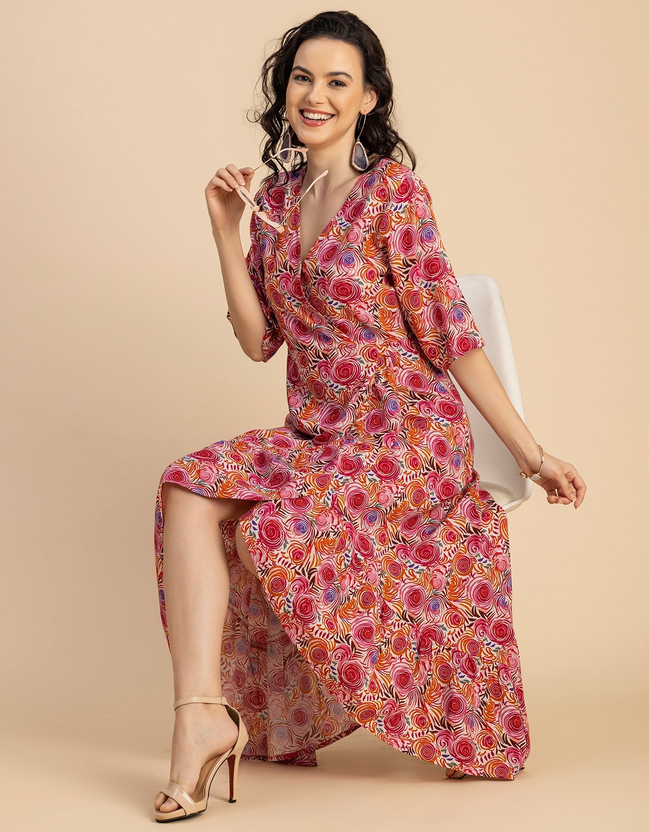 V Neck Printed Rayon quarter sleeve Wrap Dress