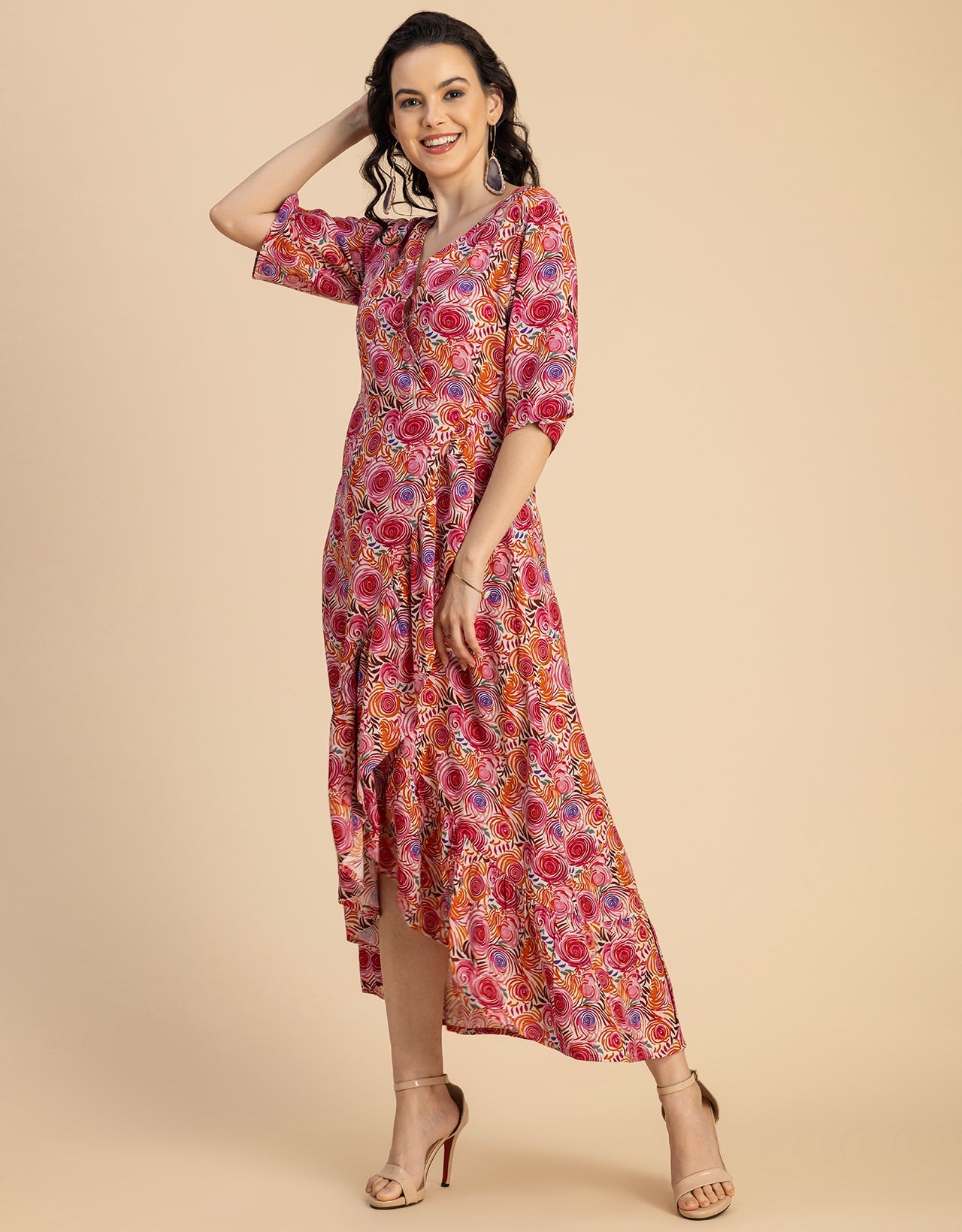 V Neck Printed Rayon quarter sleeve Wrap Dress