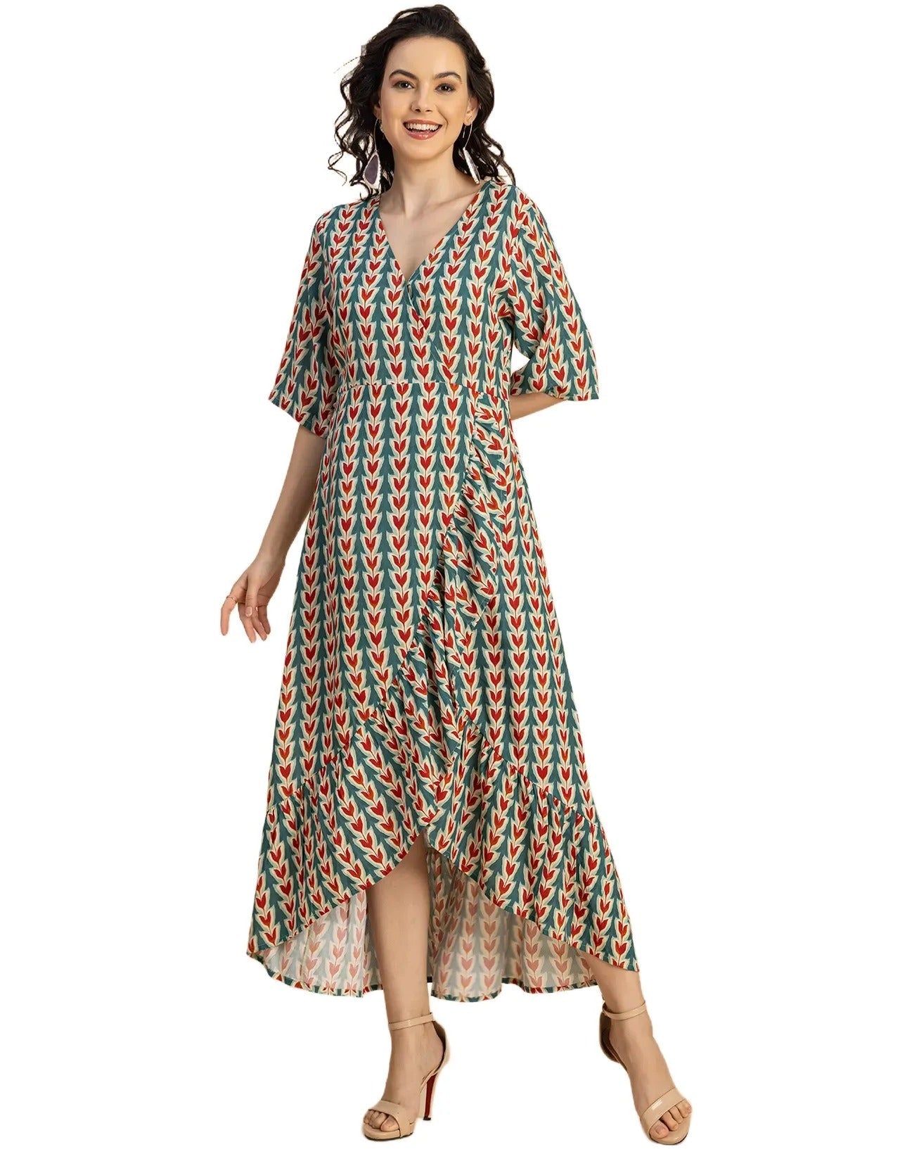 V Neck Printed Rayon quarter sleeve Wrap Dress