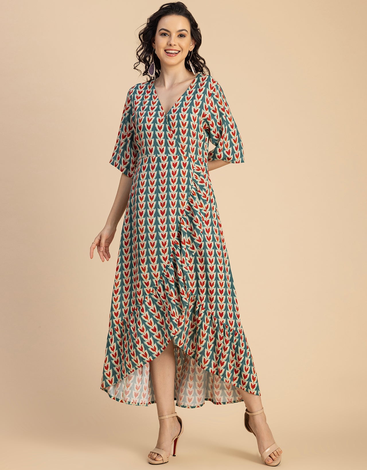 V Neck Printed Rayon quarter sleeve Wrap Dress