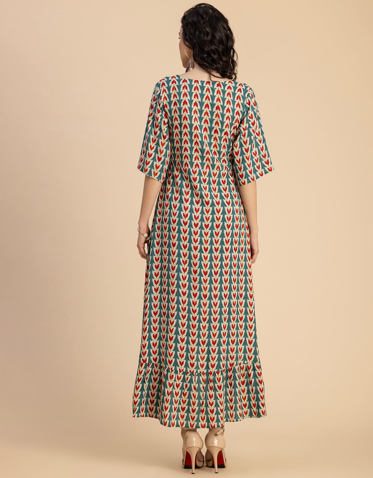 V Neck Printed Rayon quarter sleeve Wrap Dress