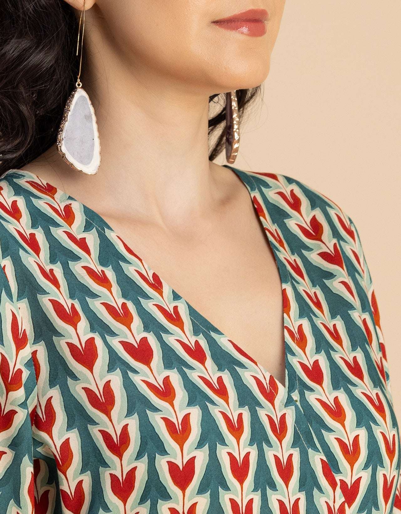 V Neck Printed Rayon quarter sleeve Wrap Dress
