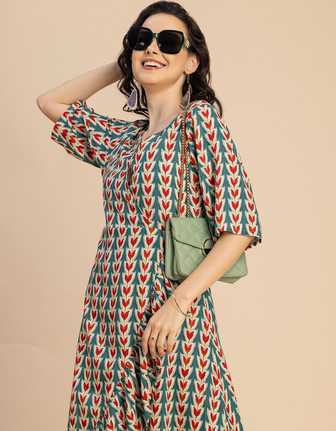 V Neck Printed Rayon quarter sleeve Wrap Dress