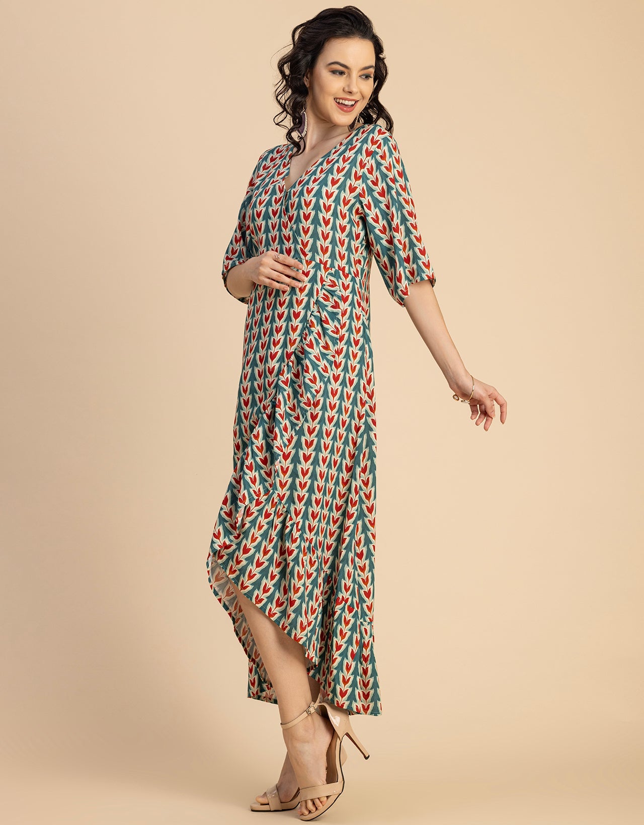 V Neck Printed Rayon quarter sleeve Wrap Dress