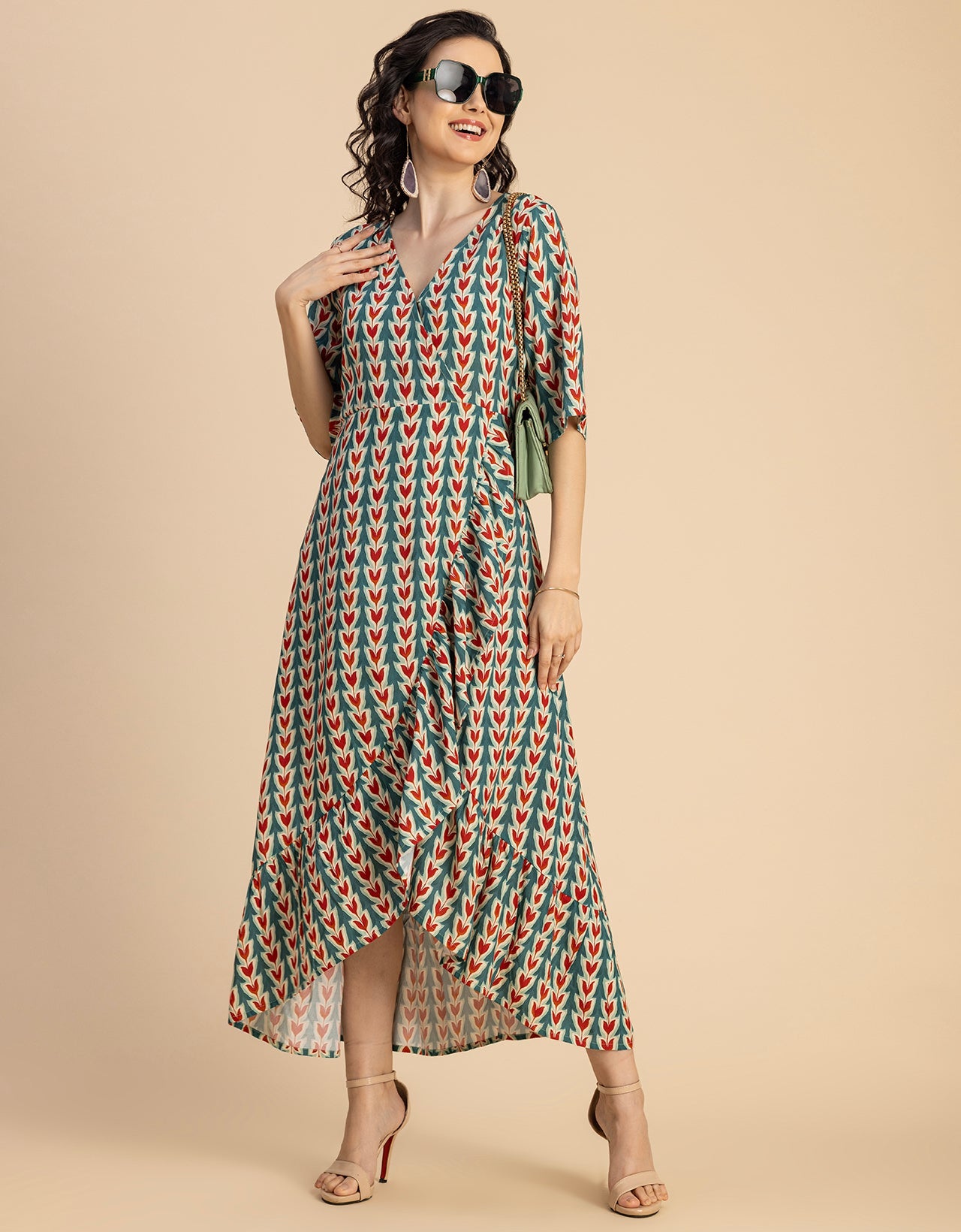 V Neck Printed Rayon quarter sleeve Wrap Dress