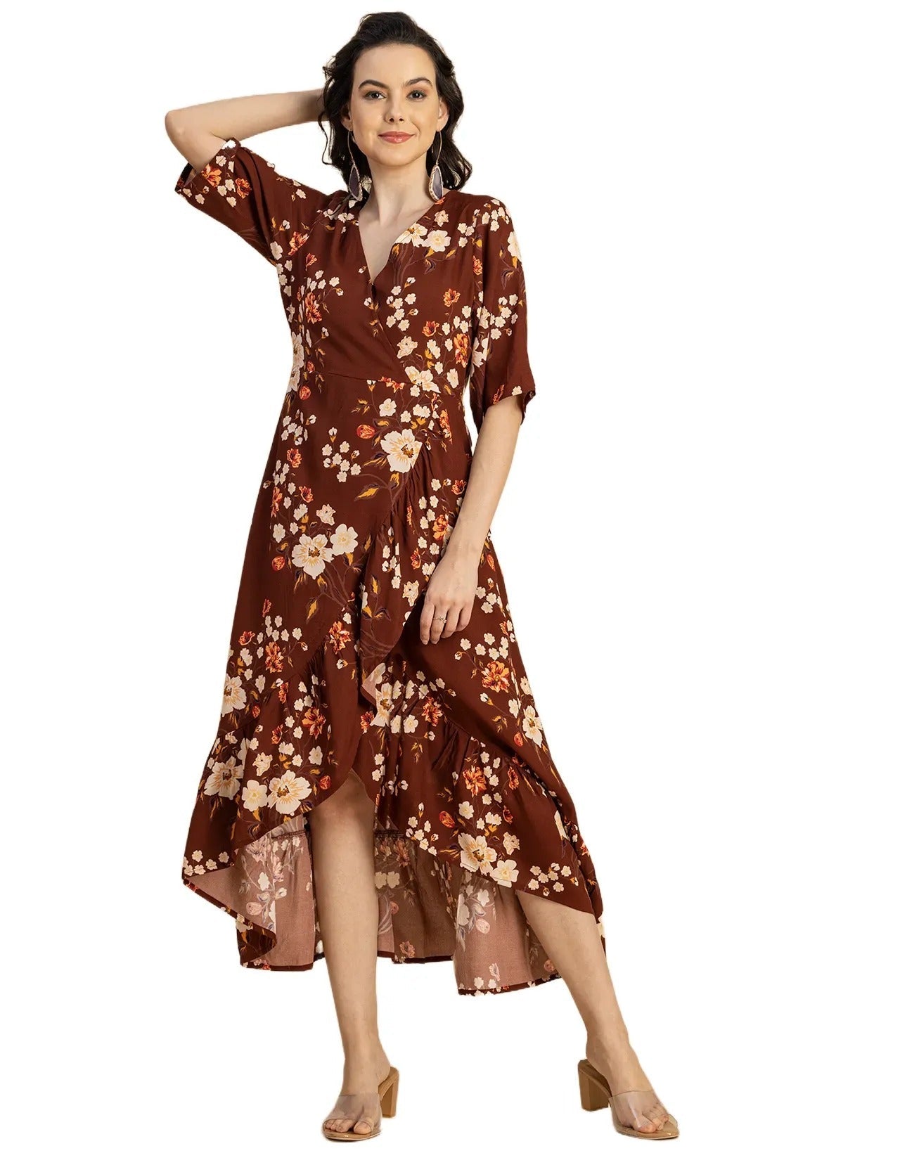 V Neck Printed Rayon quarter sleeve Wrap Dress