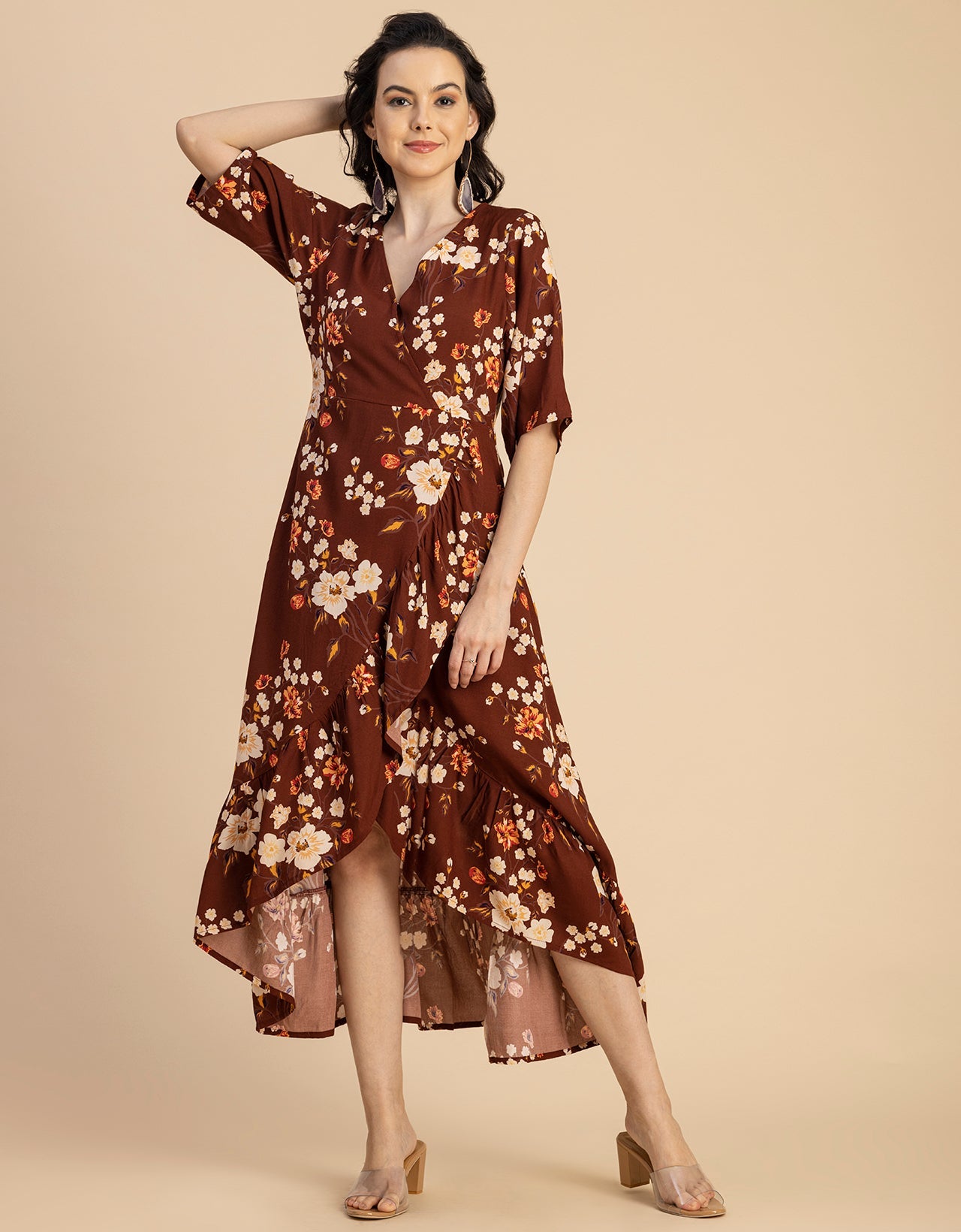 V Neck Printed Rayon quarter sleeve Wrap Dress