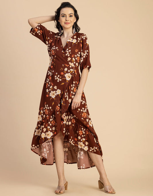 V Neck Printed Rayon quarter sleeve Wrap Dress