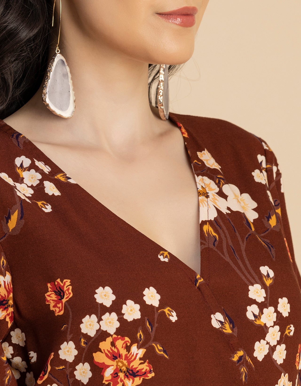 V Neck Printed Rayon quarter sleeve Wrap Dress