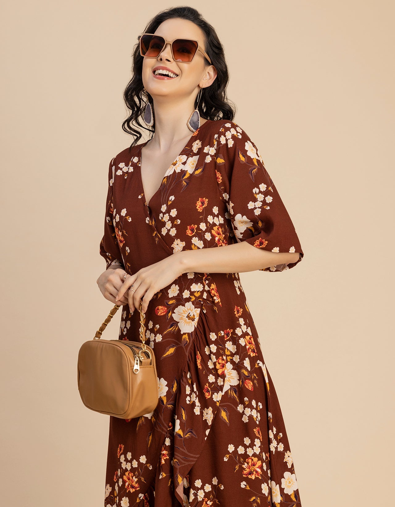 V Neck Printed Rayon quarter sleeve Wrap Dress