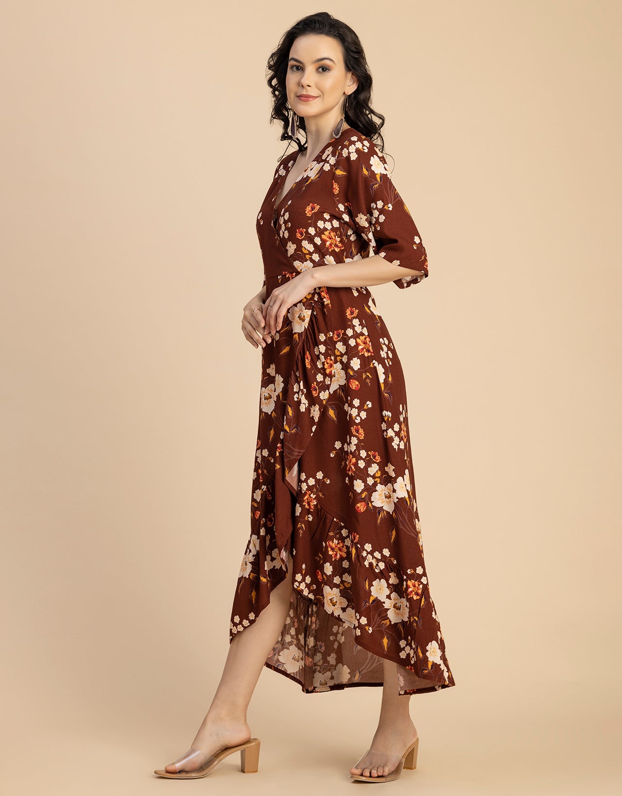 V Neck Printed Rayon quarter sleeve Wrap Dress