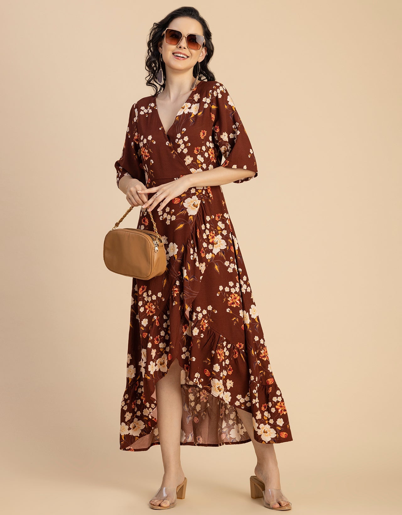 V Neck Printed Rayon quarter sleeve Wrap Dress