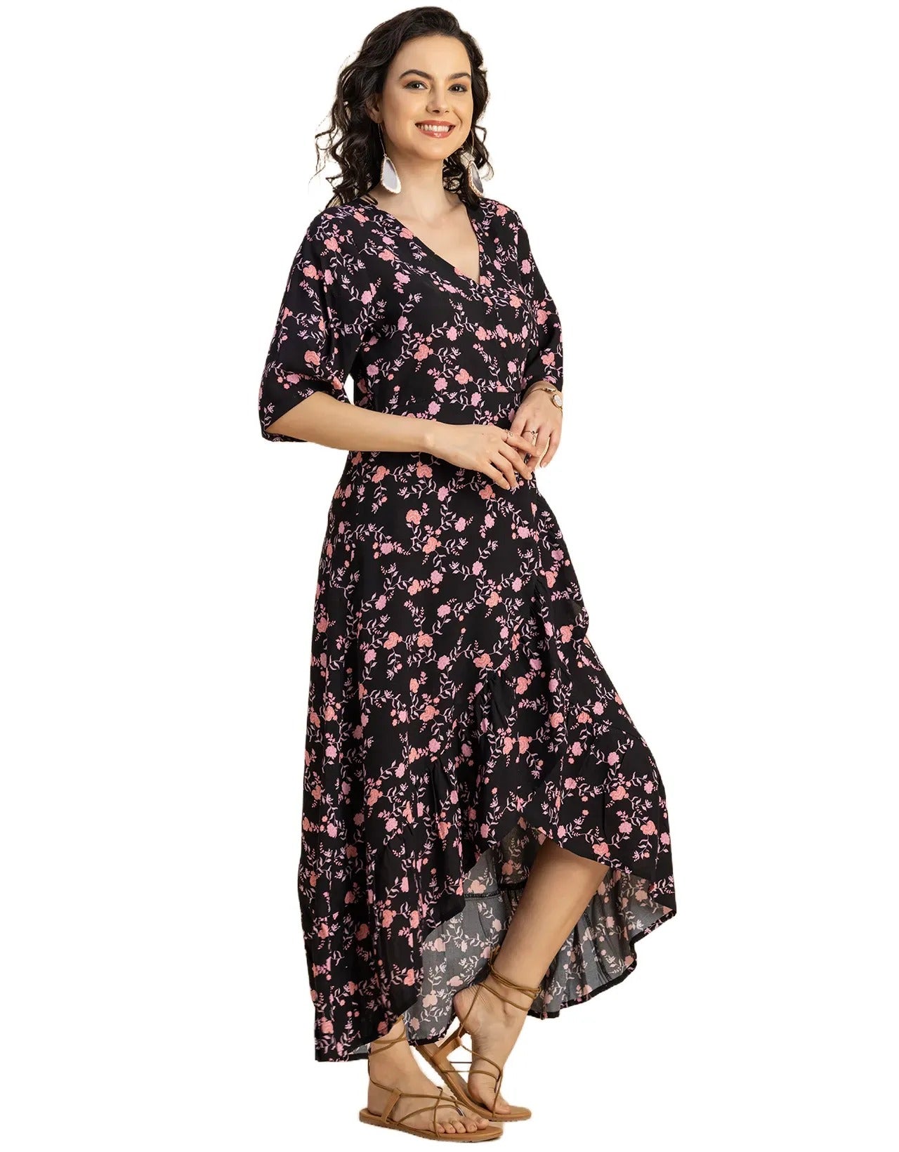 V Neck Printed Rayon quarter sleeve Wrap Dress