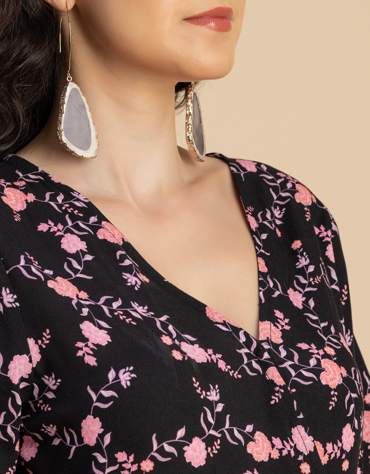 V Neck Printed Rayon quarter sleeve Wrap Dress