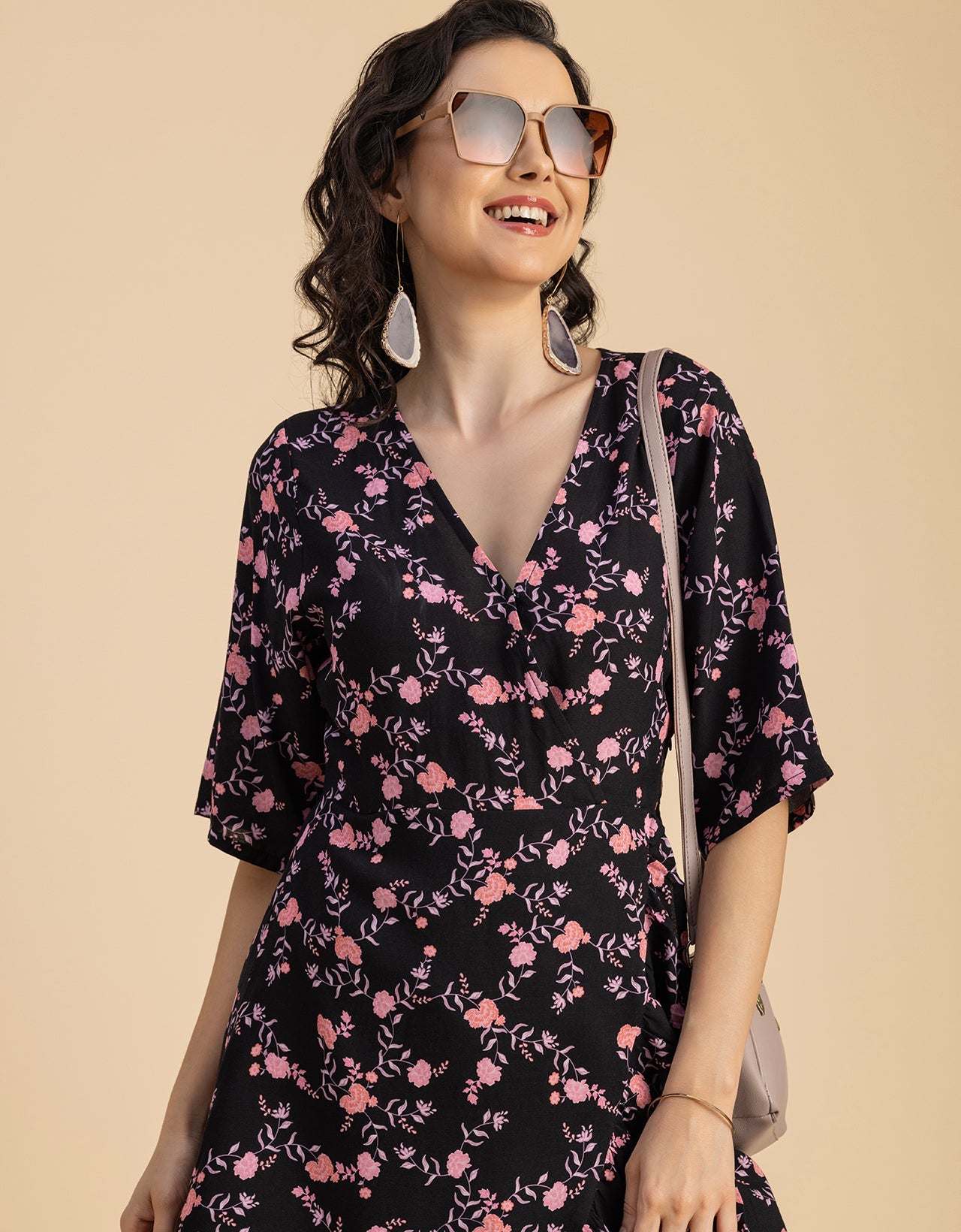 V Neck Printed Rayon quarter sleeve Wrap Dress