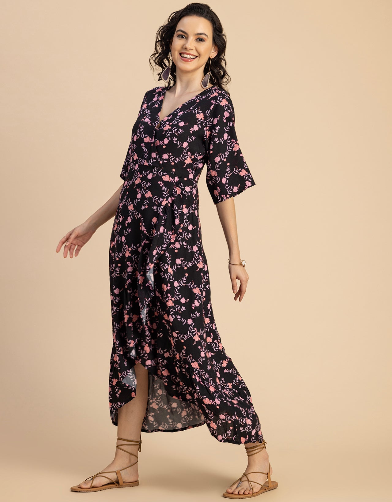 V Neck Printed Rayon quarter sleeve Wrap Dress