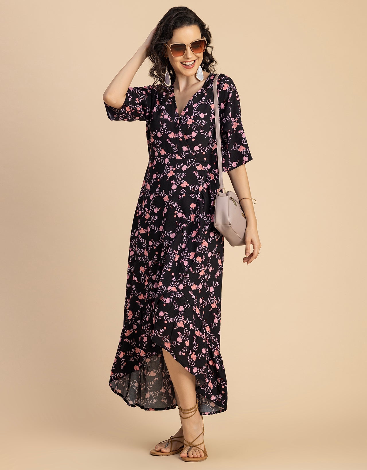 V Neck Printed Rayon quarter sleeve Wrap Dress