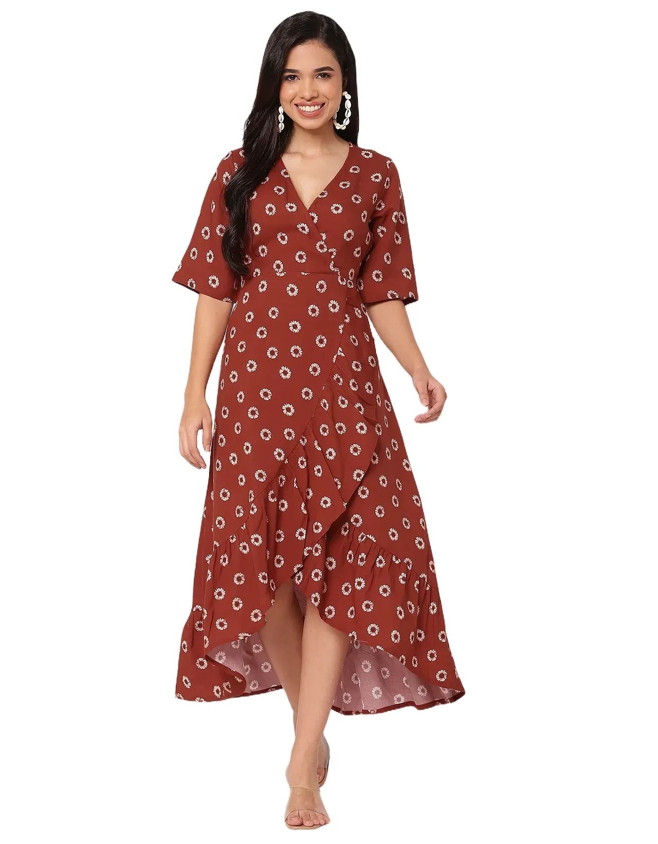 V Neck Printed Rayon quarter sleeve Wrap Dress