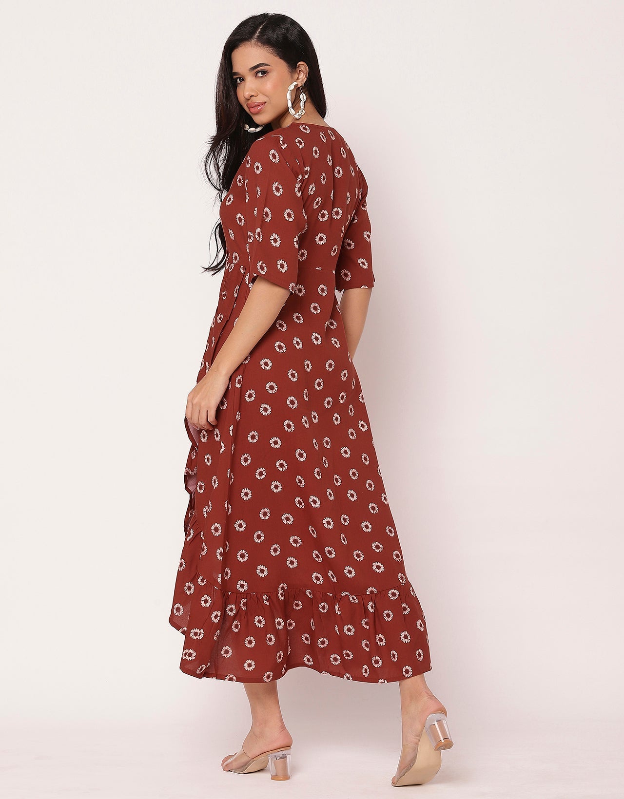 V Neck Printed Rayon quarter sleeve Wrap Dress