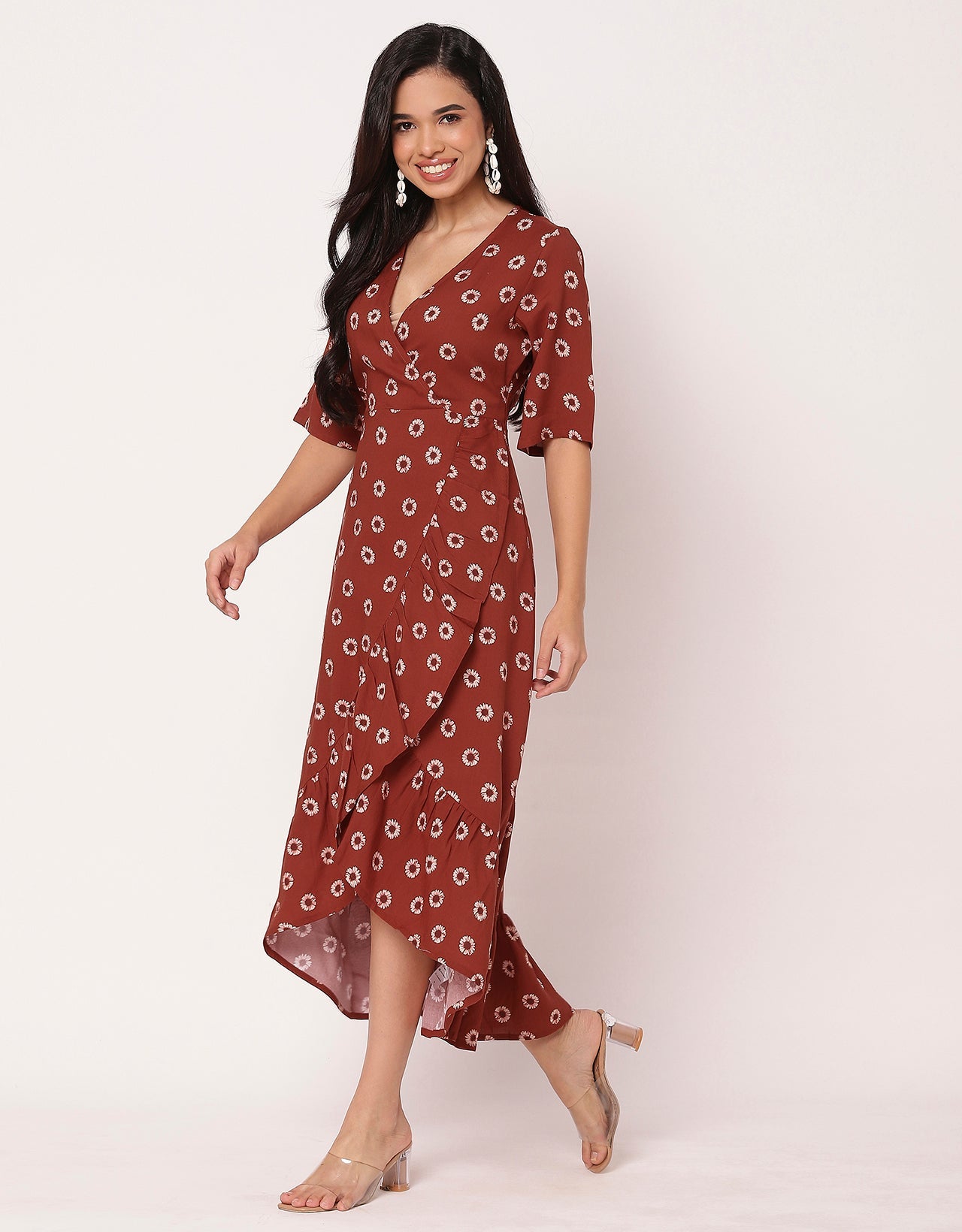 V Neck Printed Rayon quarter sleeve Wrap Dress