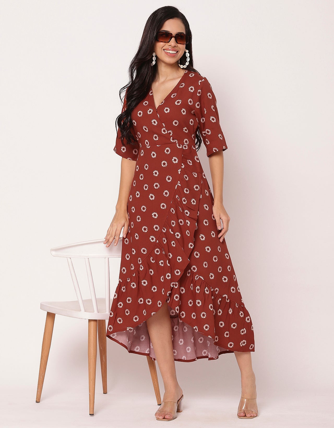 V Neck Printed Rayon quarter sleeve Wrap Dress