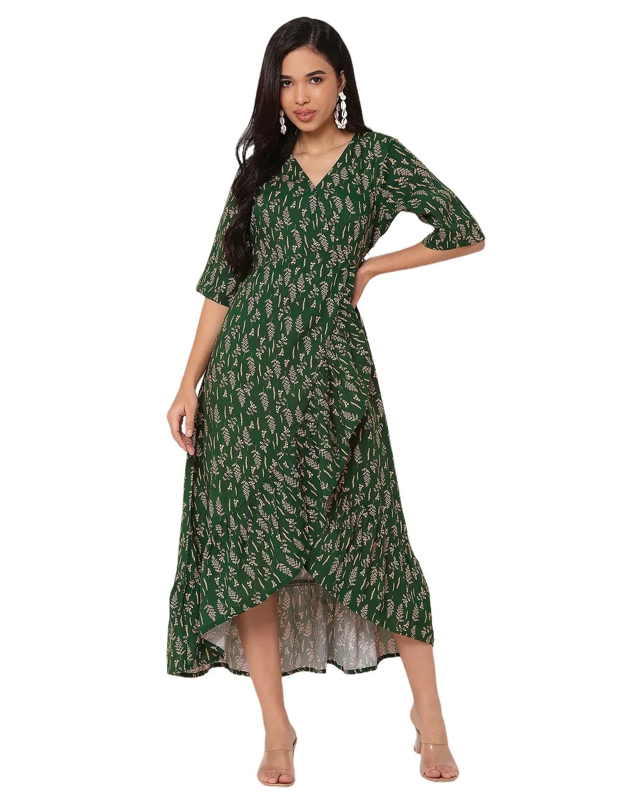 V Neck Printed Rayon quarter sleeve Wrap Dress