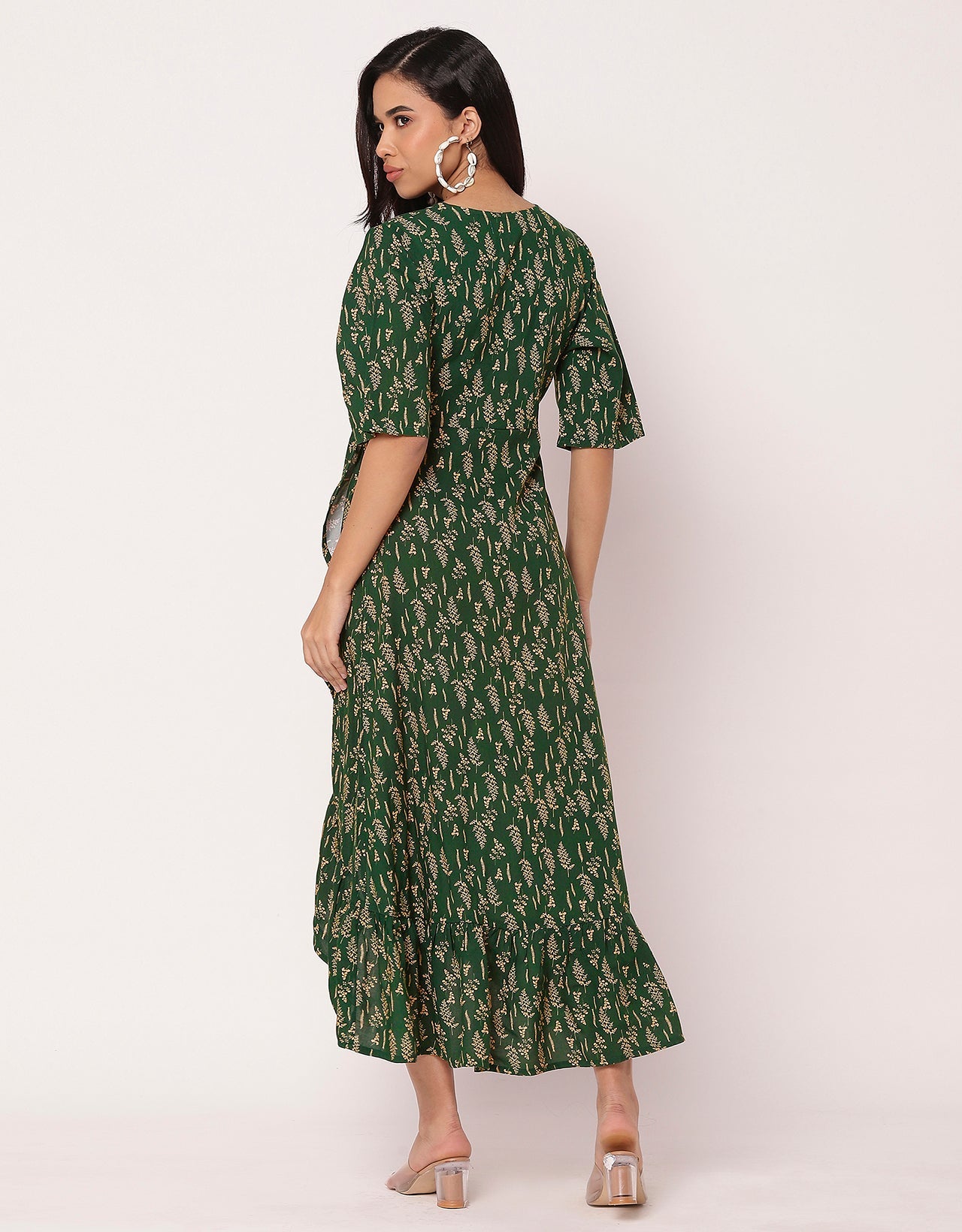 V Neck Printed Rayon quarter sleeve Wrap Dress