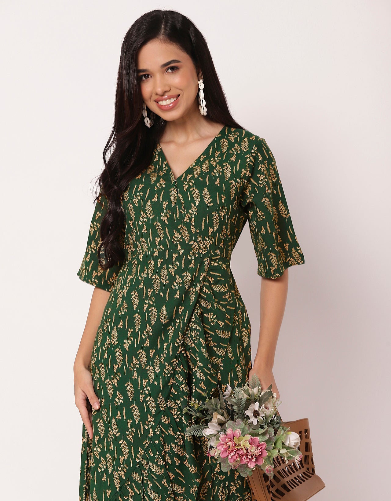 V Neck Printed Rayon quarter sleeve Wrap Dress