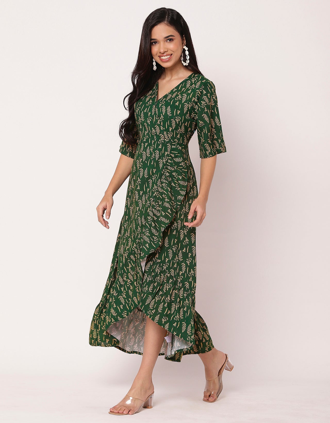 V Neck Printed Rayon quarter sleeve Wrap Dress
