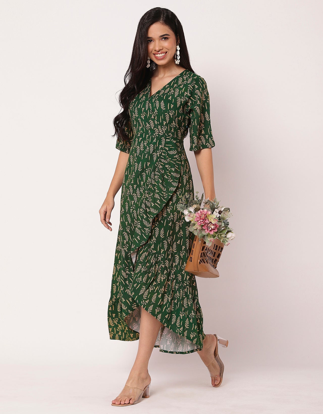 V Neck Printed Rayon quarter sleeve Wrap Dress