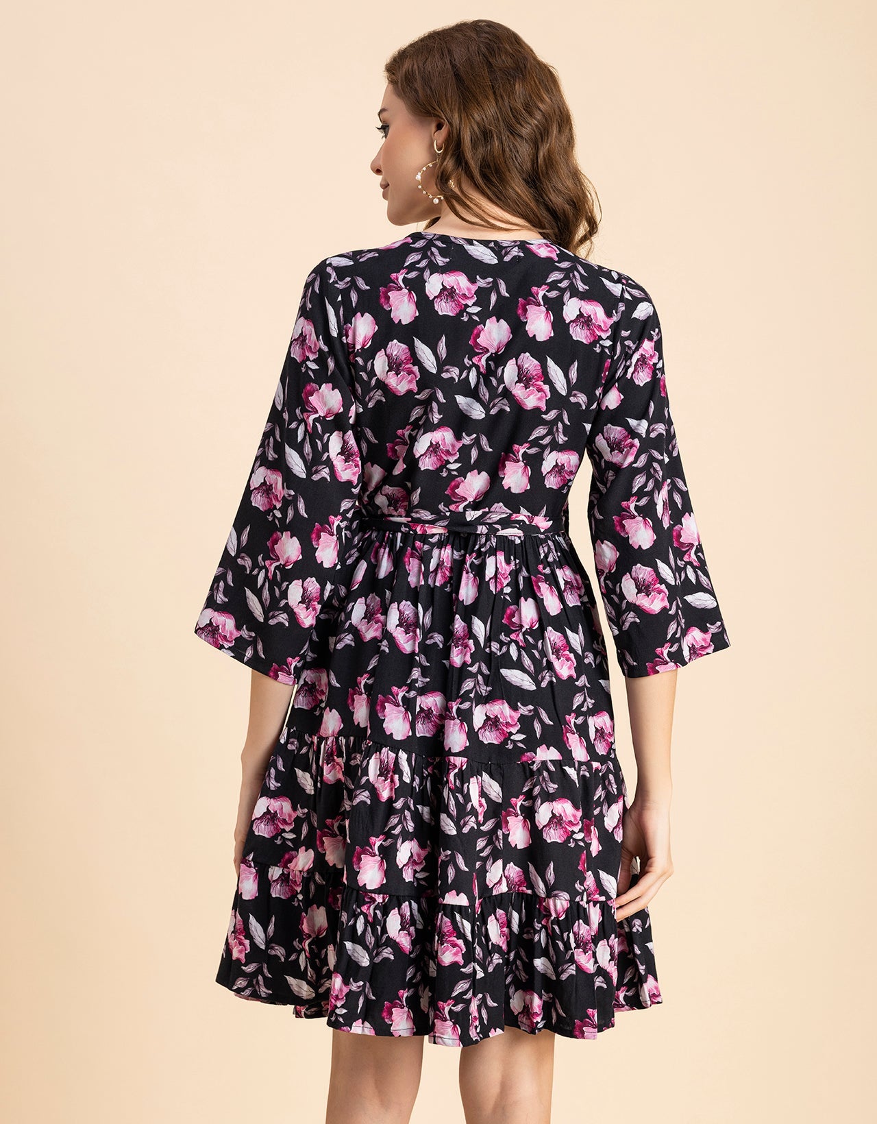V Neck Printed Rayon quarter sleeve Wrap Dress