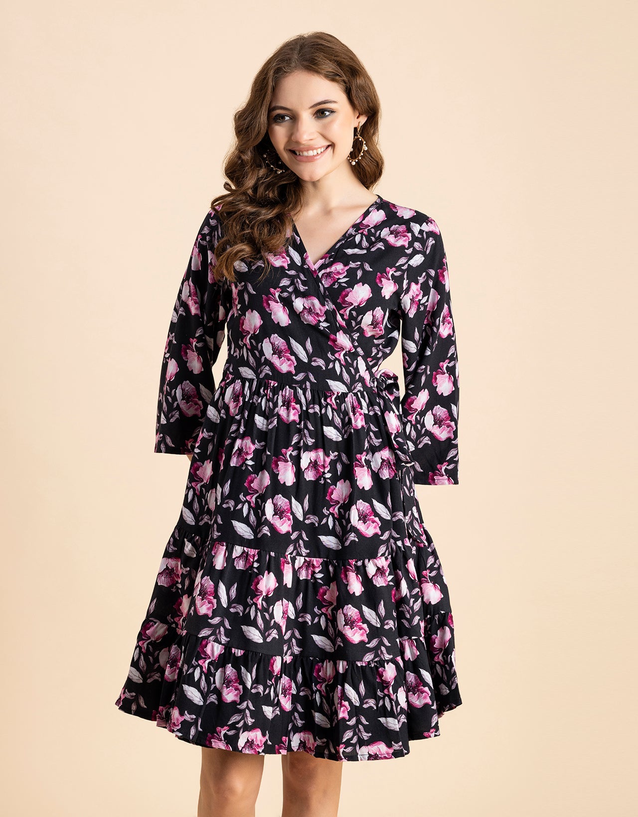 V Neck Printed Rayon quarter sleeve Wrap Dress