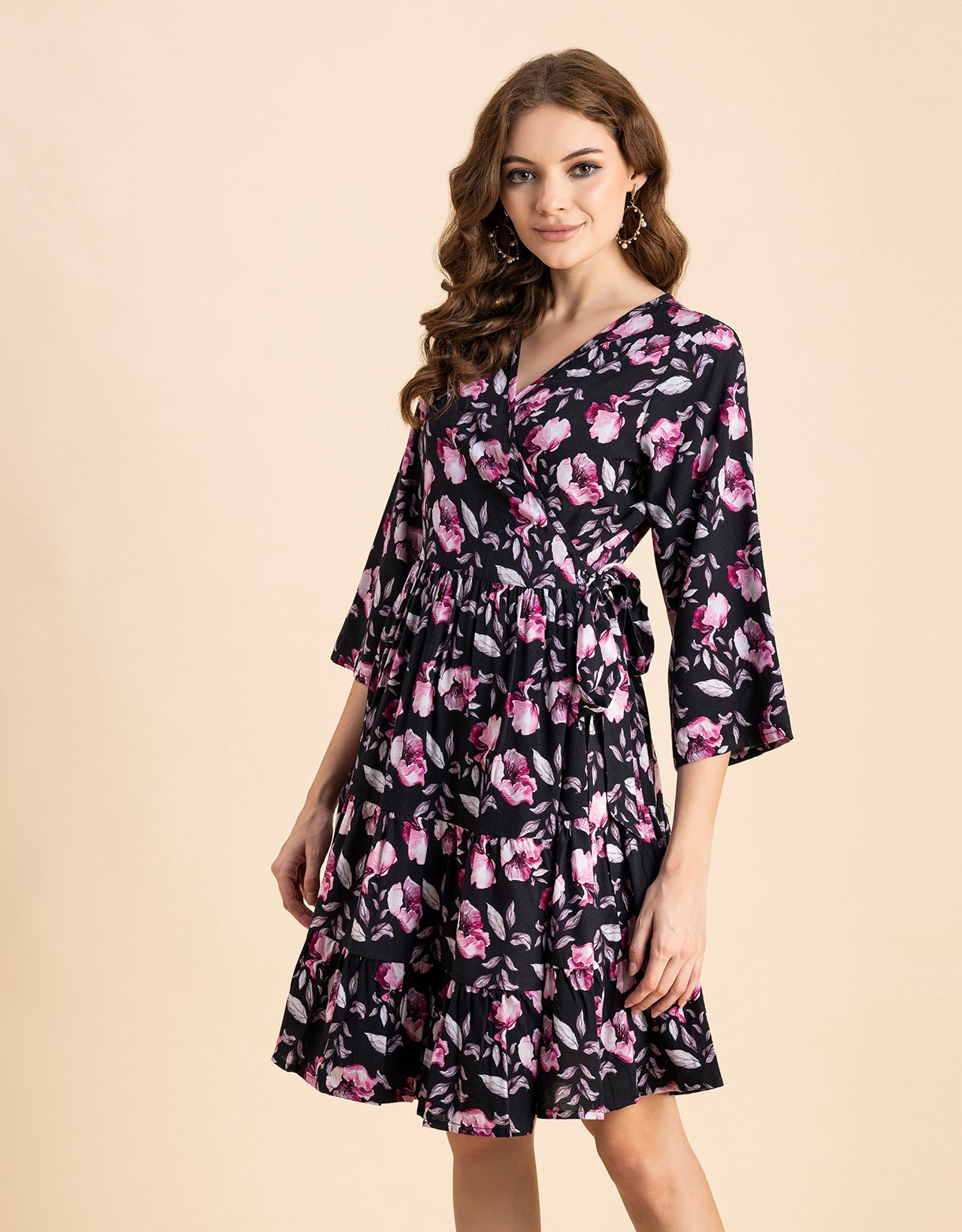 V Neck Printed Rayon quarter sleeve Wrap Dress