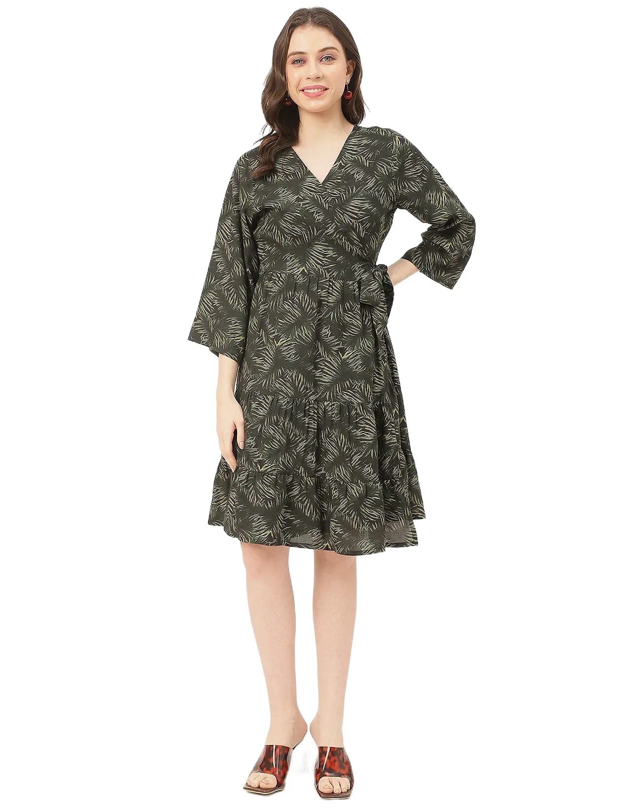 V Neck Printed Rayon quarter sleeve Wrap Dress