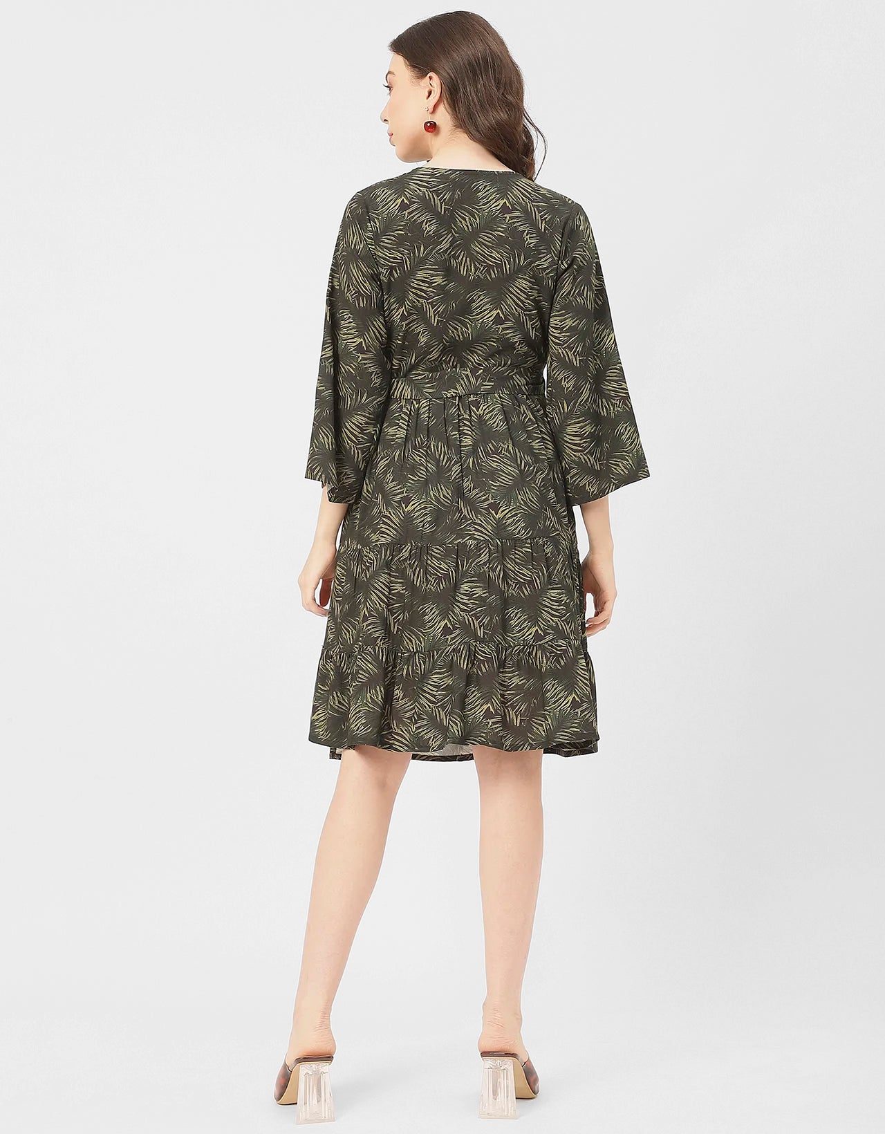 V Neck Printed Rayon quarter sleeve Wrap Dress