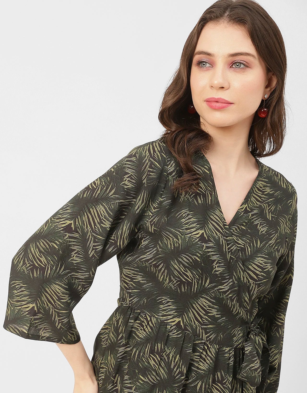 V Neck Printed Rayon quarter sleeve Wrap Dress