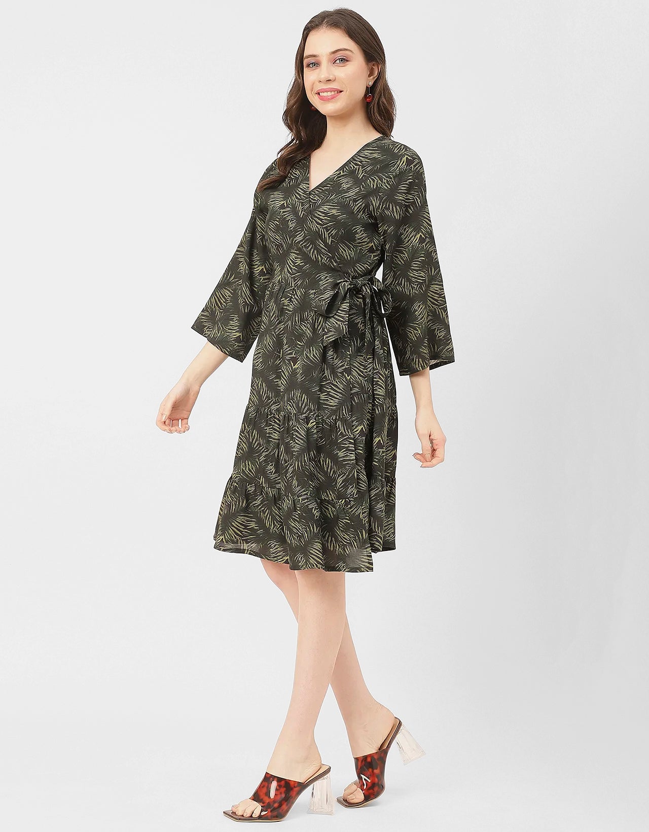 V Neck Printed Rayon quarter sleeve Wrap Dress
