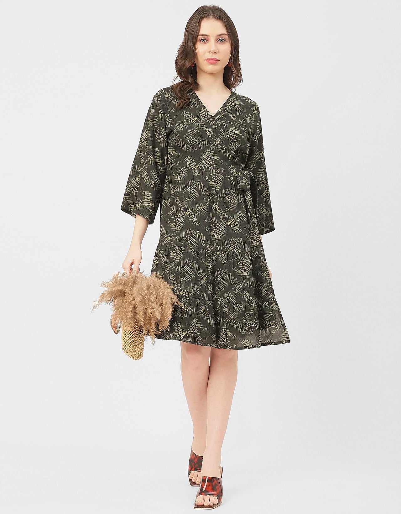 V Neck Printed Rayon quarter sleeve Wrap Dress