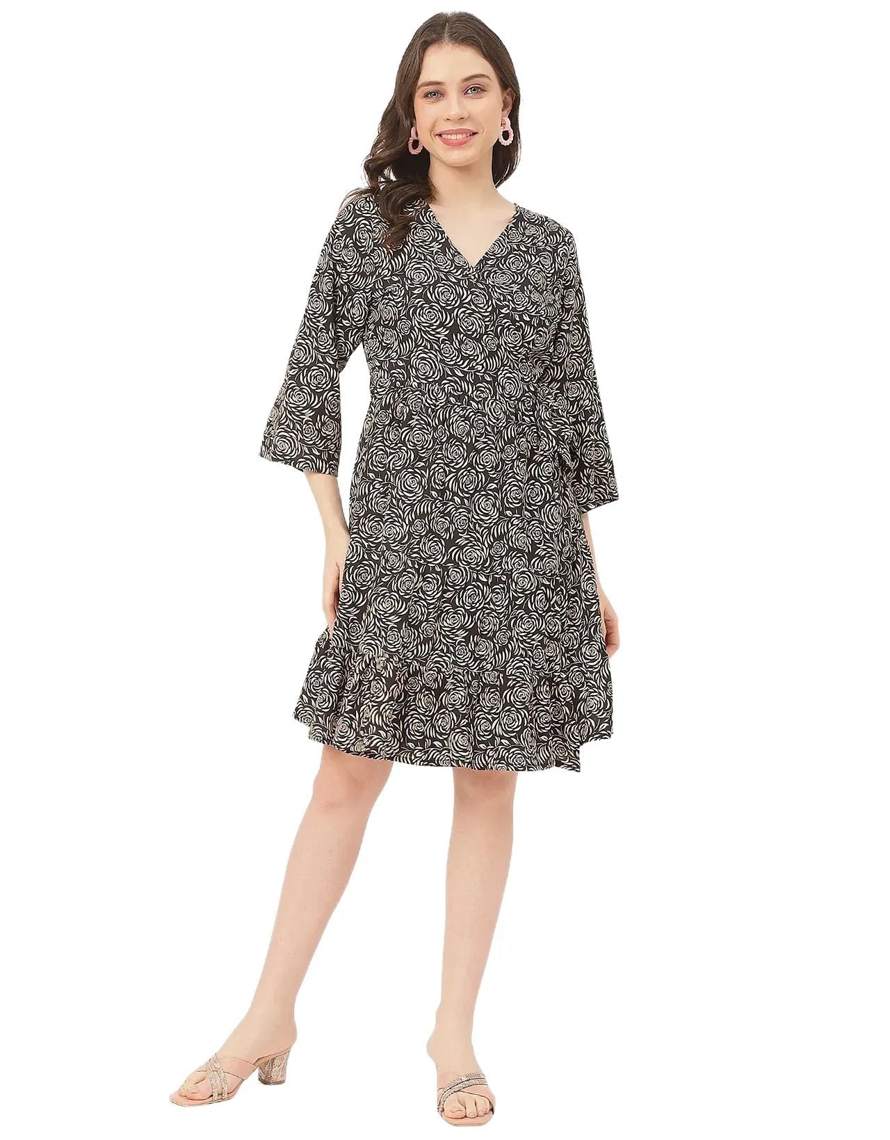 V Neck Printed Rayon quarter sleeve Wrap Dress