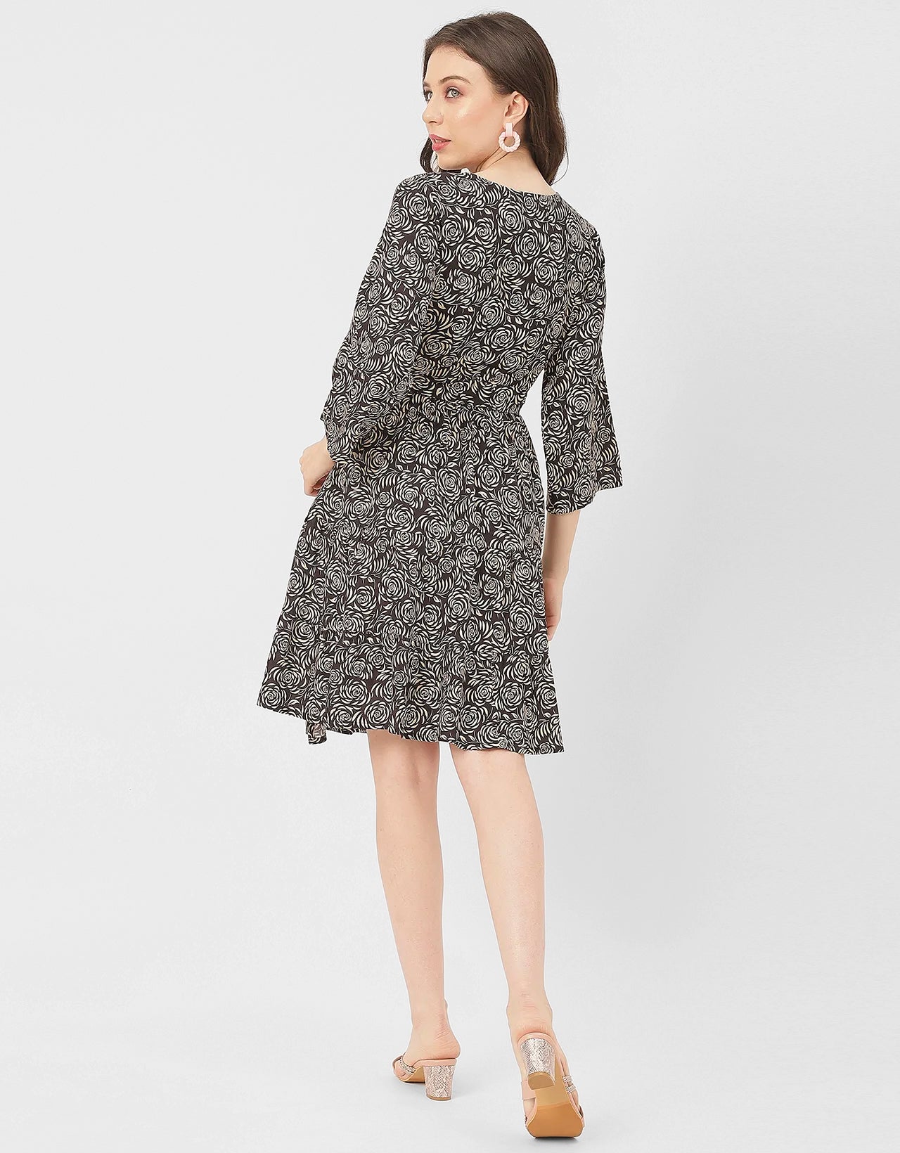 V Neck Printed Rayon quarter sleeve Wrap Dress