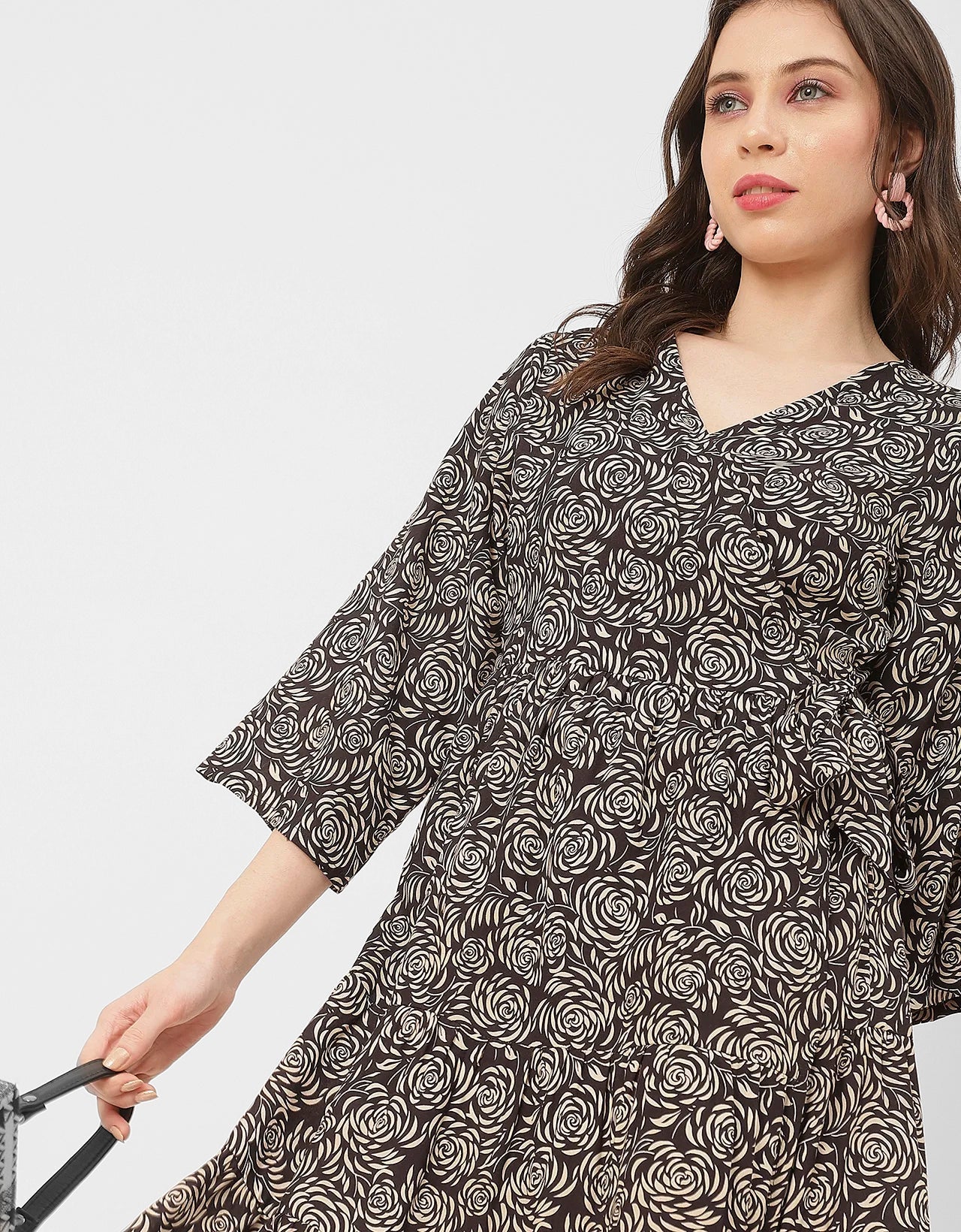 V Neck Printed Rayon quarter sleeve Wrap Dress