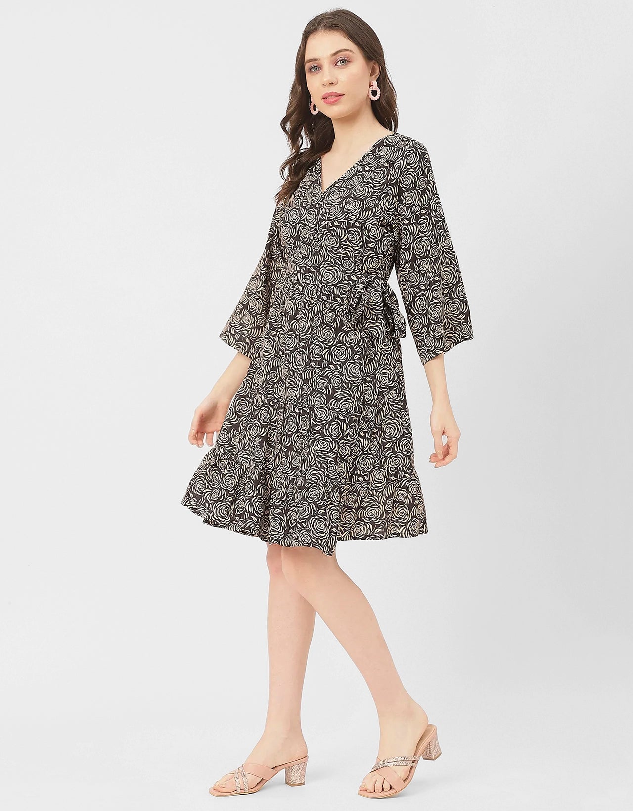 V Neck Printed Rayon quarter sleeve Wrap Dress
