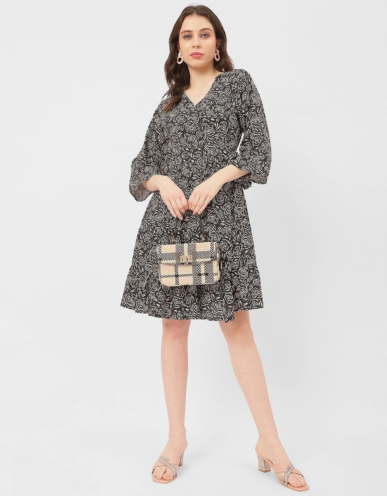 V Neck Printed Rayon quarter sleeve Wrap Dress