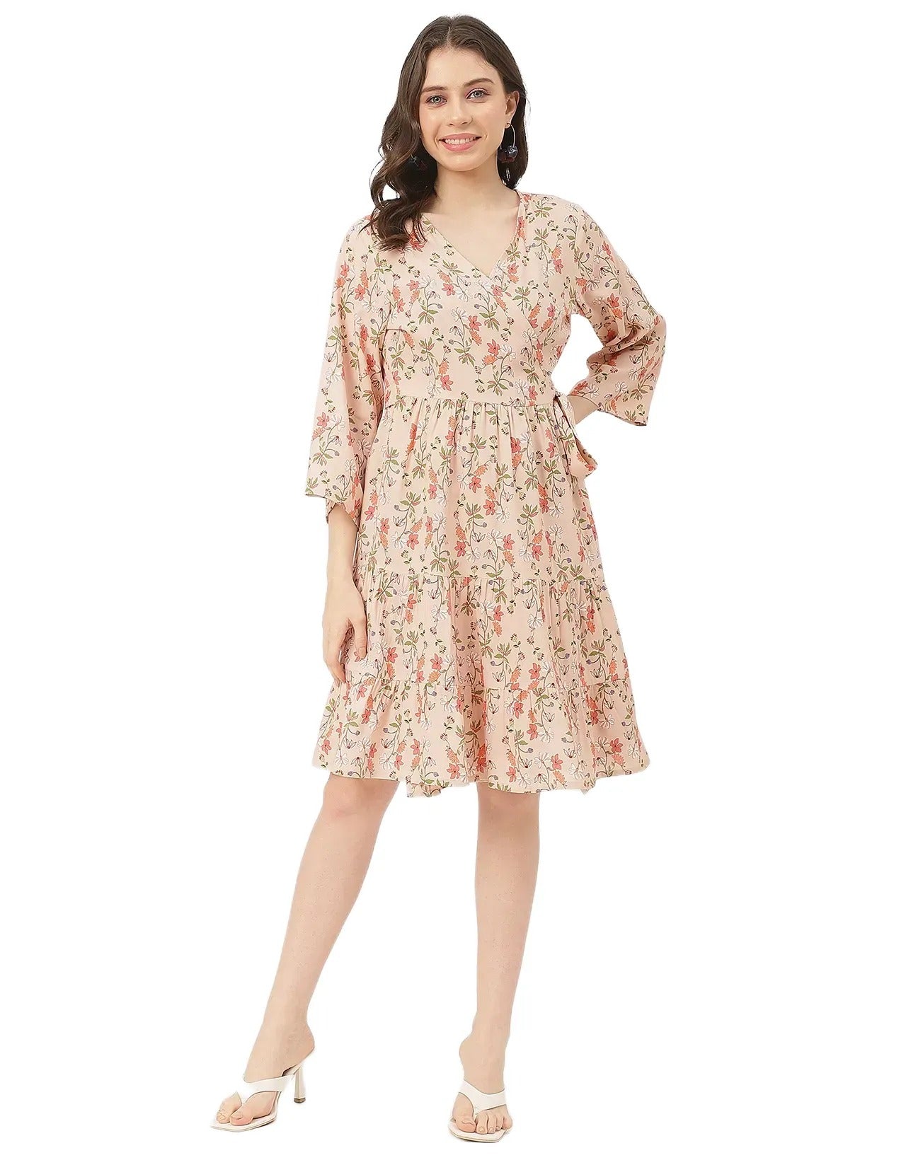 V Neck Printed Rayon quarter sleeve Wrap Dress