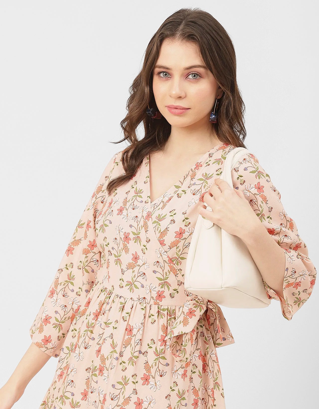 V Neck Printed Rayon quarter sleeve Wrap Dress