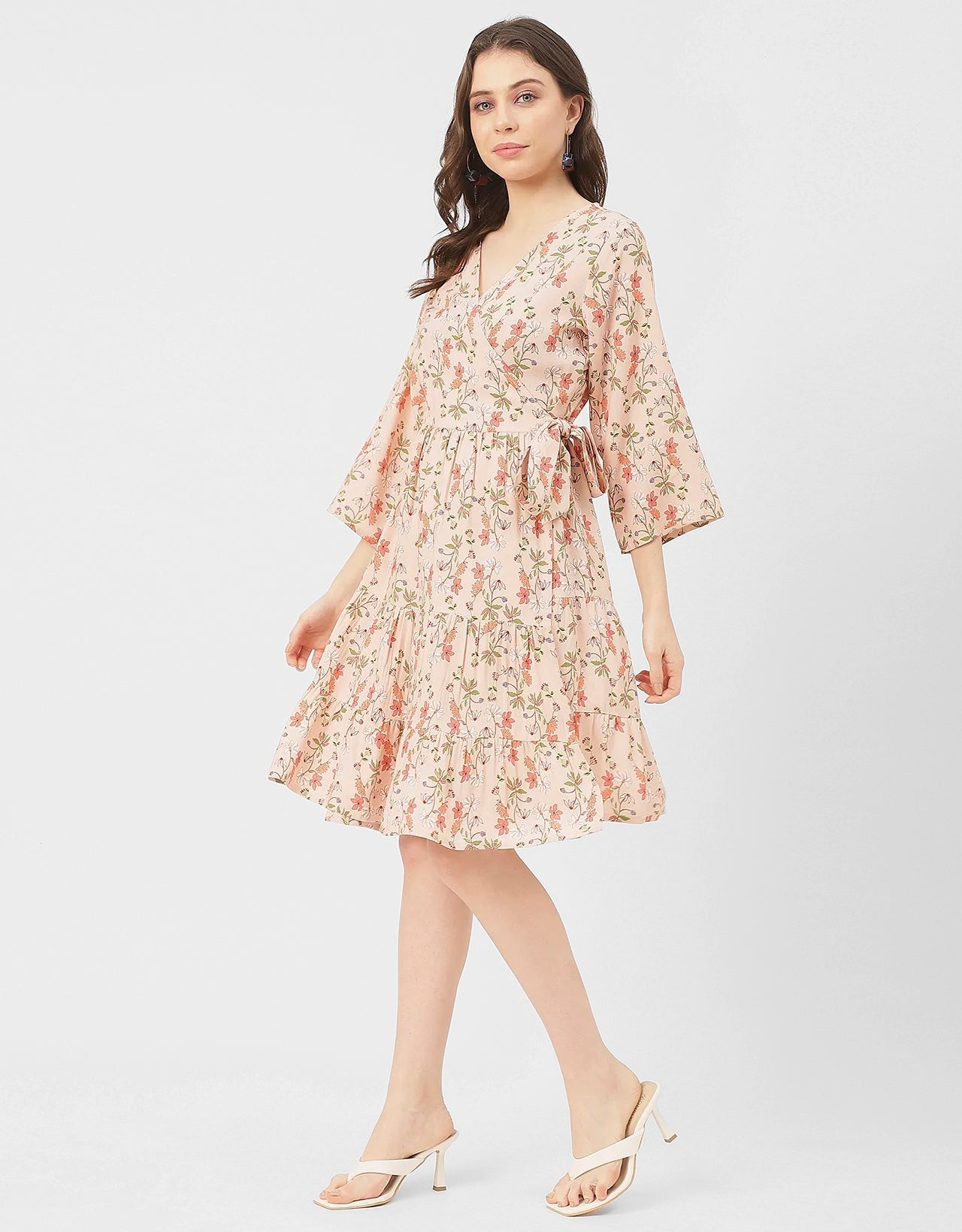V Neck Printed Rayon quarter sleeve Wrap Dress