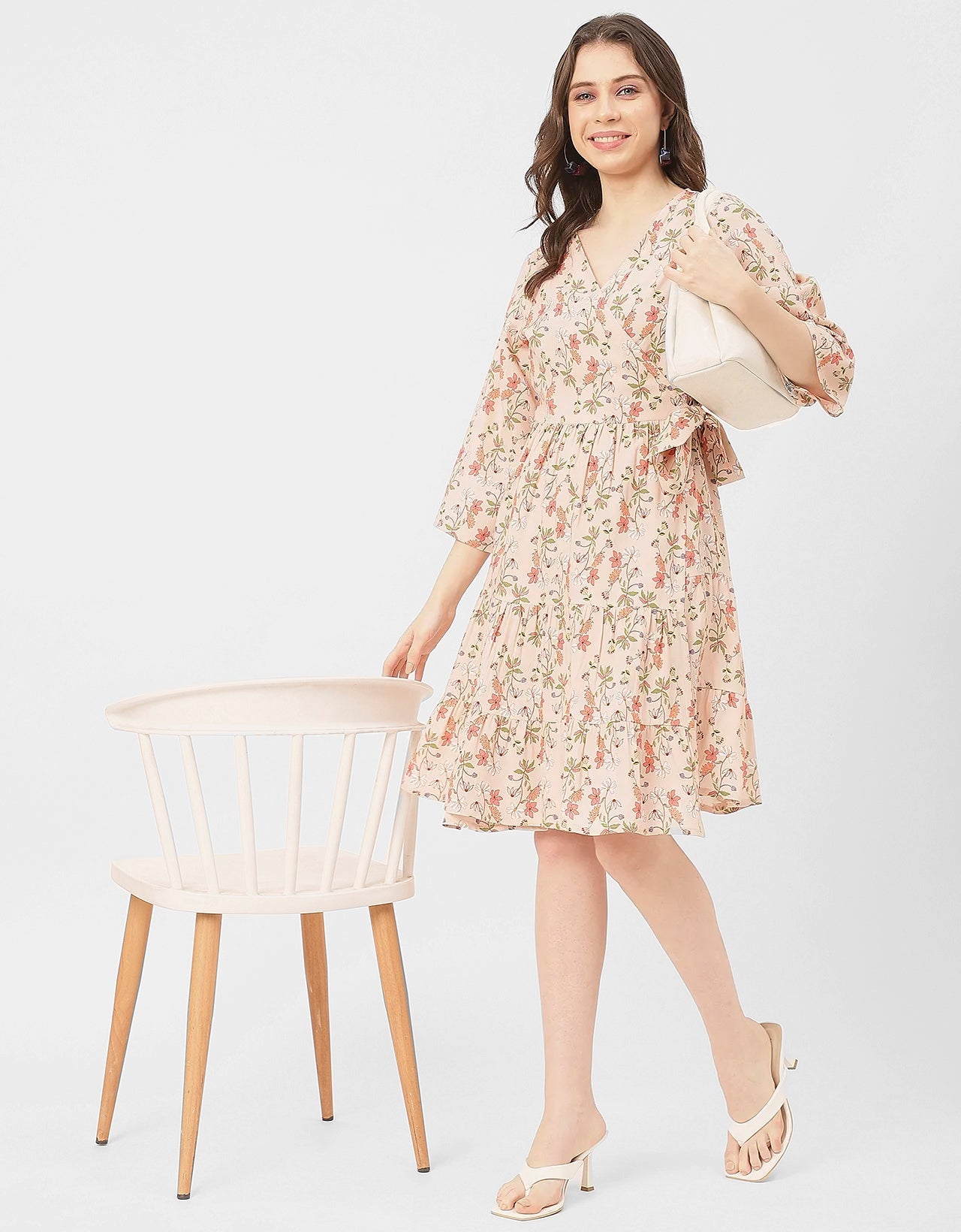 V Neck Printed Rayon quarter sleeve Wrap Dress