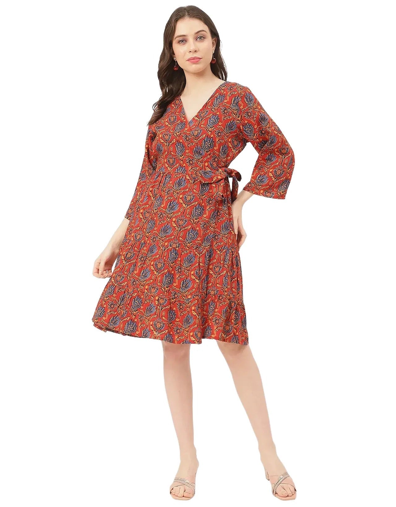 V Neck Printed Rayon quarter sleeve Wrap Dress
